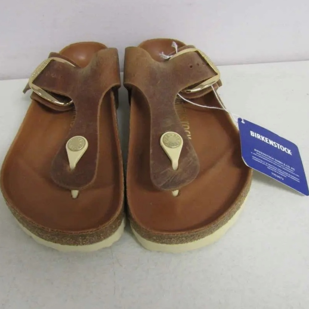 Birkenstock Women's 5/Men's 3 Gizeh Big Buckle Leather Thong Sandals Cognac - Picture 4 of 12